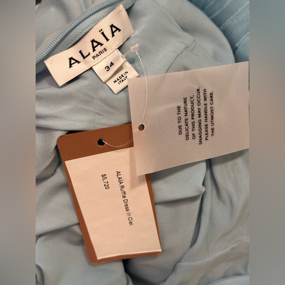 New Alaia Ruffle Dress in Ciel blue long sleeve maxi jersey bodycon - Picture 5 of 15